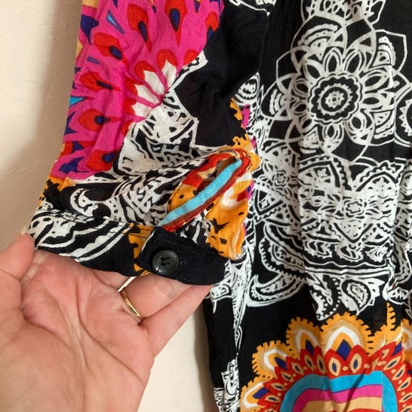 Nita Women's Tunic Dress Top Button Up 3/4 Sleeve Boho Black Multicolored XL/G - Picture 8 of 9